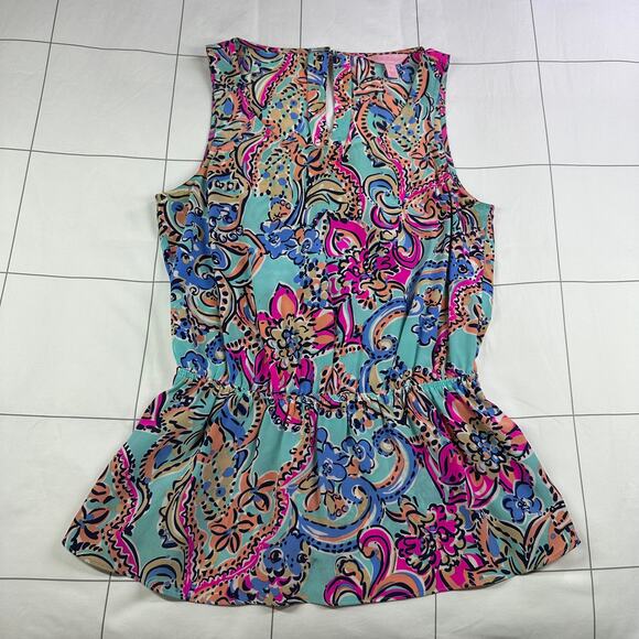 Lilly Pulitzer Top Womens Small Blue Pink Dune Bait & Switch Silk Preppy Peplum - Picture 2 of 9